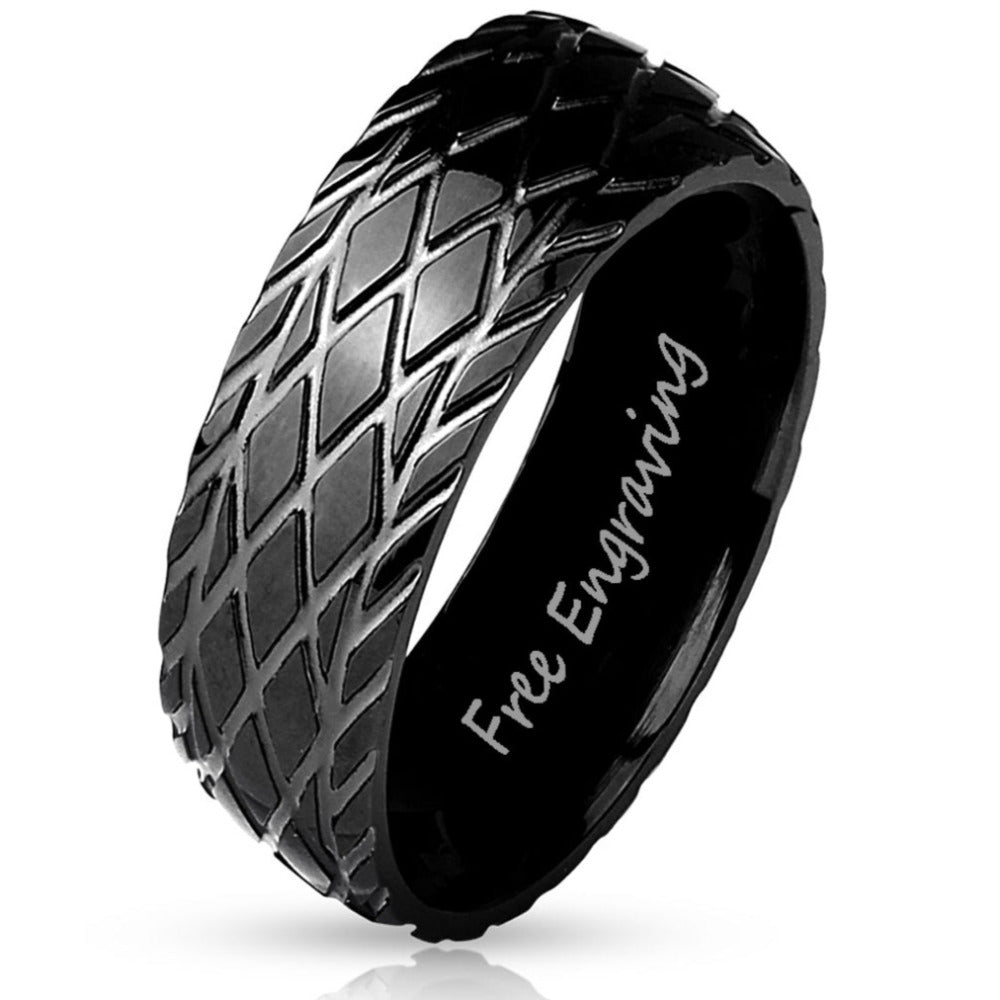 Personalized Men's Promise Ring - Racing Tire Tracks Stainless Steel