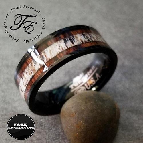 Personalized Men's Promise Ring - Wood and Antler Inlay Real Tungsten