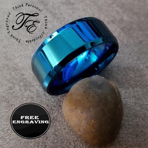 Men's Custom Engraved Blue Promise Ring - Personalized Handwriting Ring For Guy's