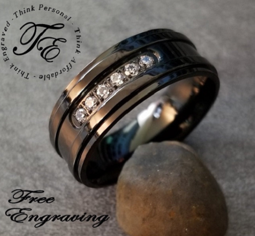 Personalized Engraved Men's Promise Ring - Black With Clear Gems Stainless Steel