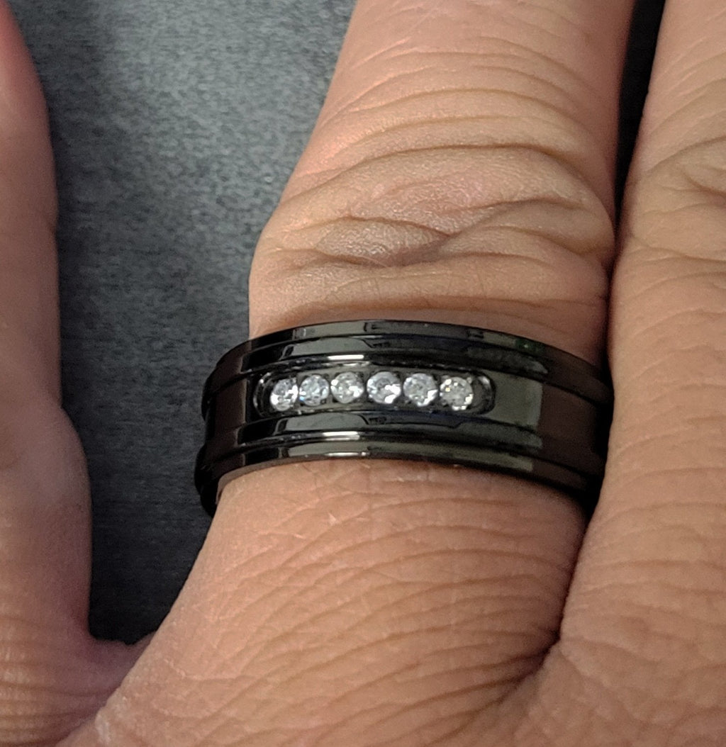 Personalized Engraved Men's Promise Ring - Black With Clear Gems Stainless Steel