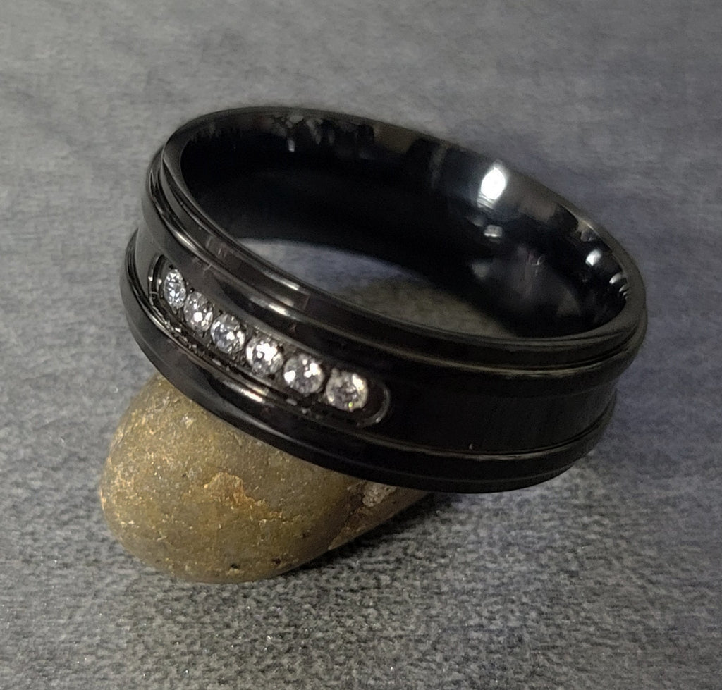 Personalized Engraved Men's Promise Ring - Black With Clear Gems Stainless Steel