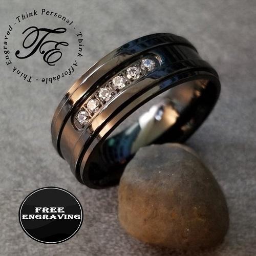 Personalized Engraved Men's Promise Ring - Black With Clear Gems Stainless Steel