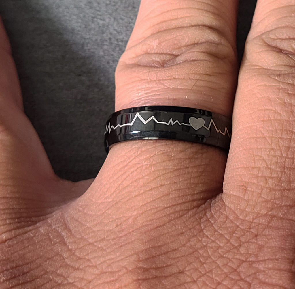 Personalized Men's Black Heartbeat Promise Ring - Engraved Handwriting Ring