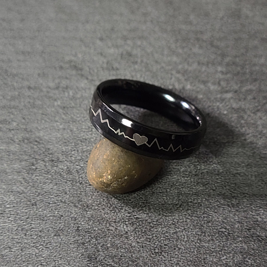 Personalized Men's Black Heartbeat Promise Ring - Engraved Handwriting Ring