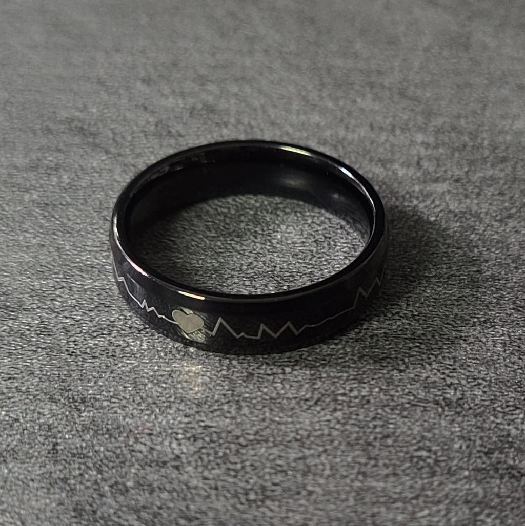 Personalized Men's Black Heartbeat Promise Ring - Engraved Handwriting Ring