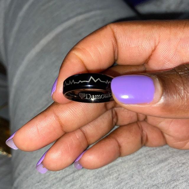 Personalized Men's Black Heartbeat Promise Ring - Engraved Handwriting Ring