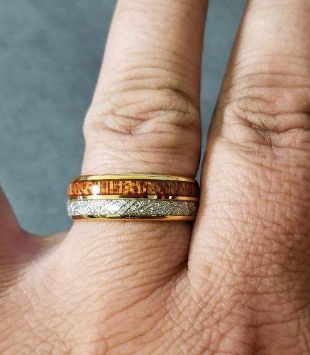 Personalized Men's Gold Tungsten Promise Ring Wood and Meteor