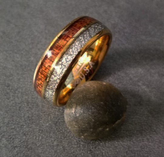 Personalized Men's Gold Tungsten Promise Ring Wood and Meteor