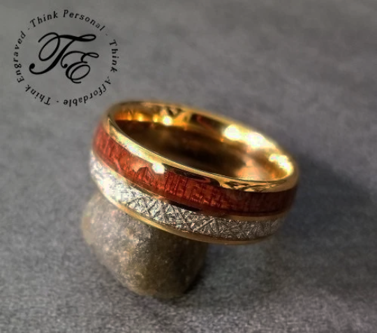 Personalized Men's Gold Tungsten Promise Ring Wood and Meteor