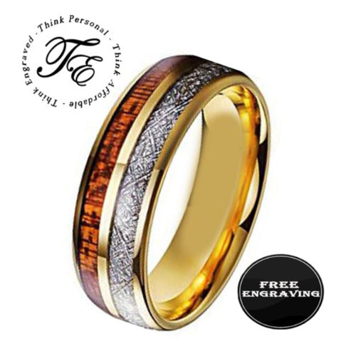 Personalized Men's Gold Tungsten Promise Ring Wood and Meteor