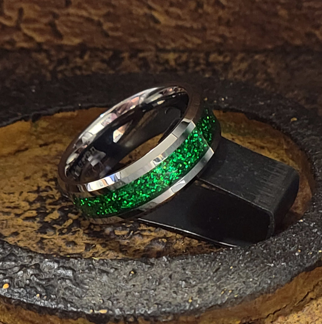 Personalized Men's Green Emerald Galaxy Tungsten Wedding Ring Band