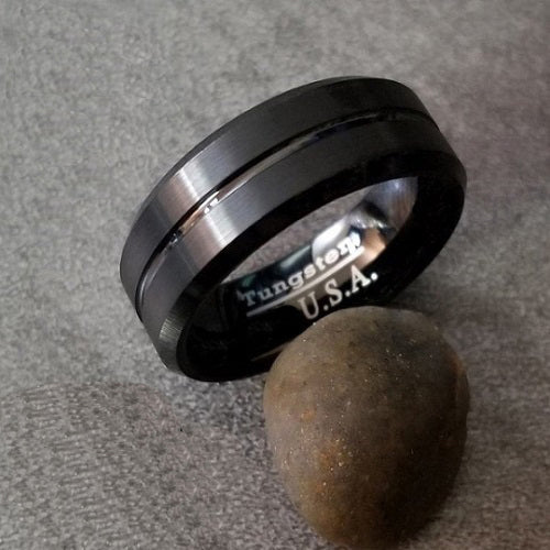 Personalized Men's Matte Black Grooved Tungsten Promise Ring - Handwriting Ring