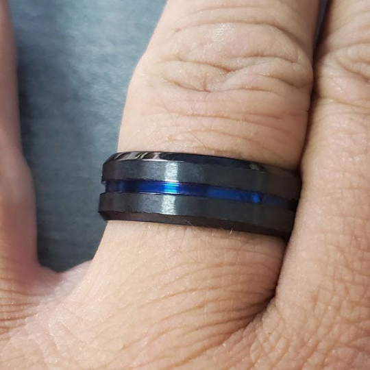 Personalized Men's Matte Black Promise Ring - Blue Line Groove