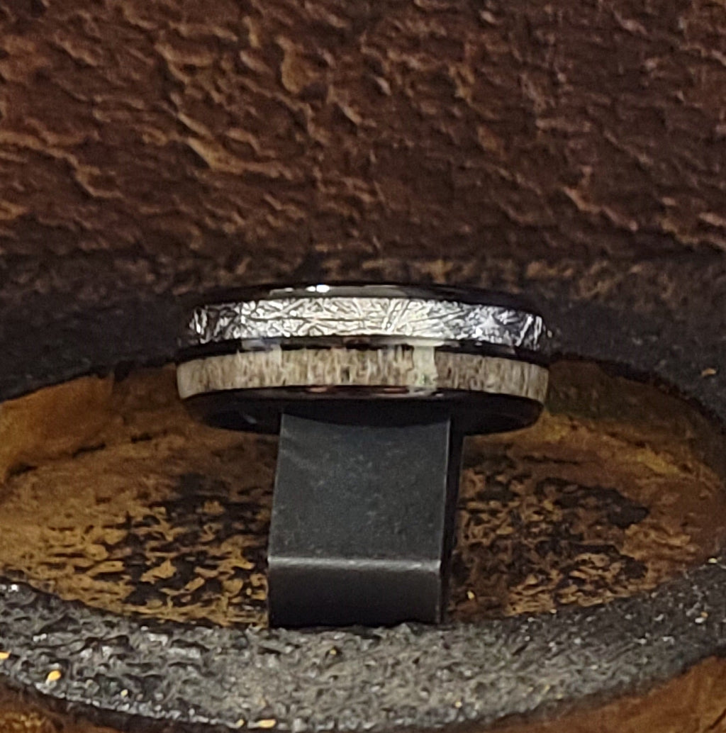 Personalized Men's Meteor and Antler Black Tungsten Promise Ring - Handwriting Ring