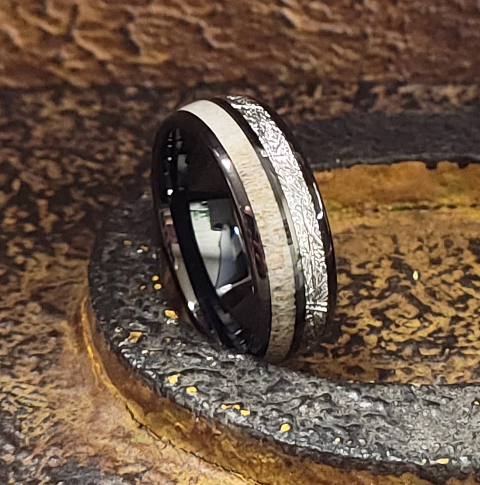 Personalized Men's Meteor and Antler Black Tungsten Promise Ring - Handwriting Ring