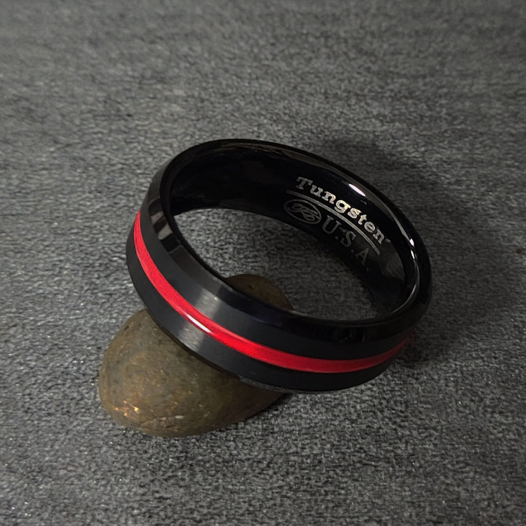 Personalized Men's Promise Ring Band With Thin Red Line Groove