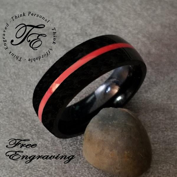 Personalized Men's Promise Ring - Black With Red Line Groove Stainless Steel