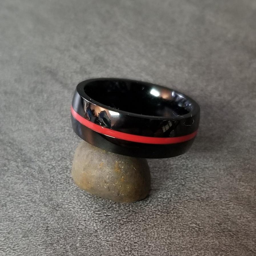 Personalized Men's Promise Ring - Black With Red Line Groove Stainless Steel