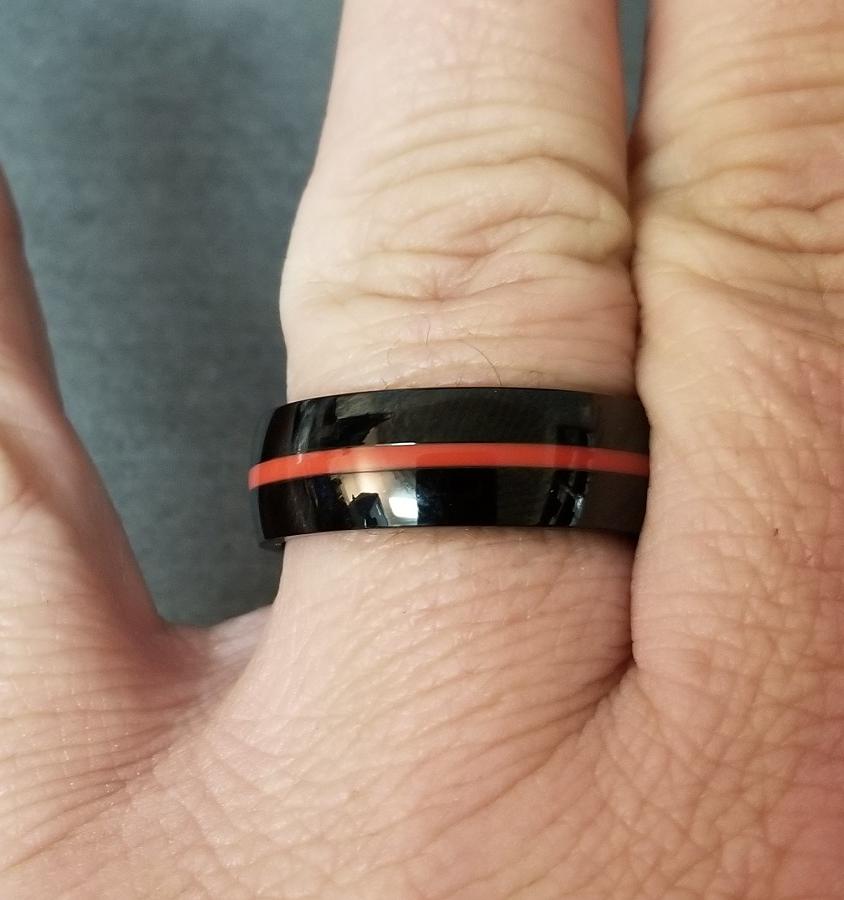 Personalized Men's Promise Ring - Black With Red Line Groove Stainless Steel