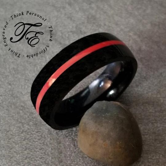 Personalized Men's Promise Ring - Black With Red Line Groove Stainless Steel