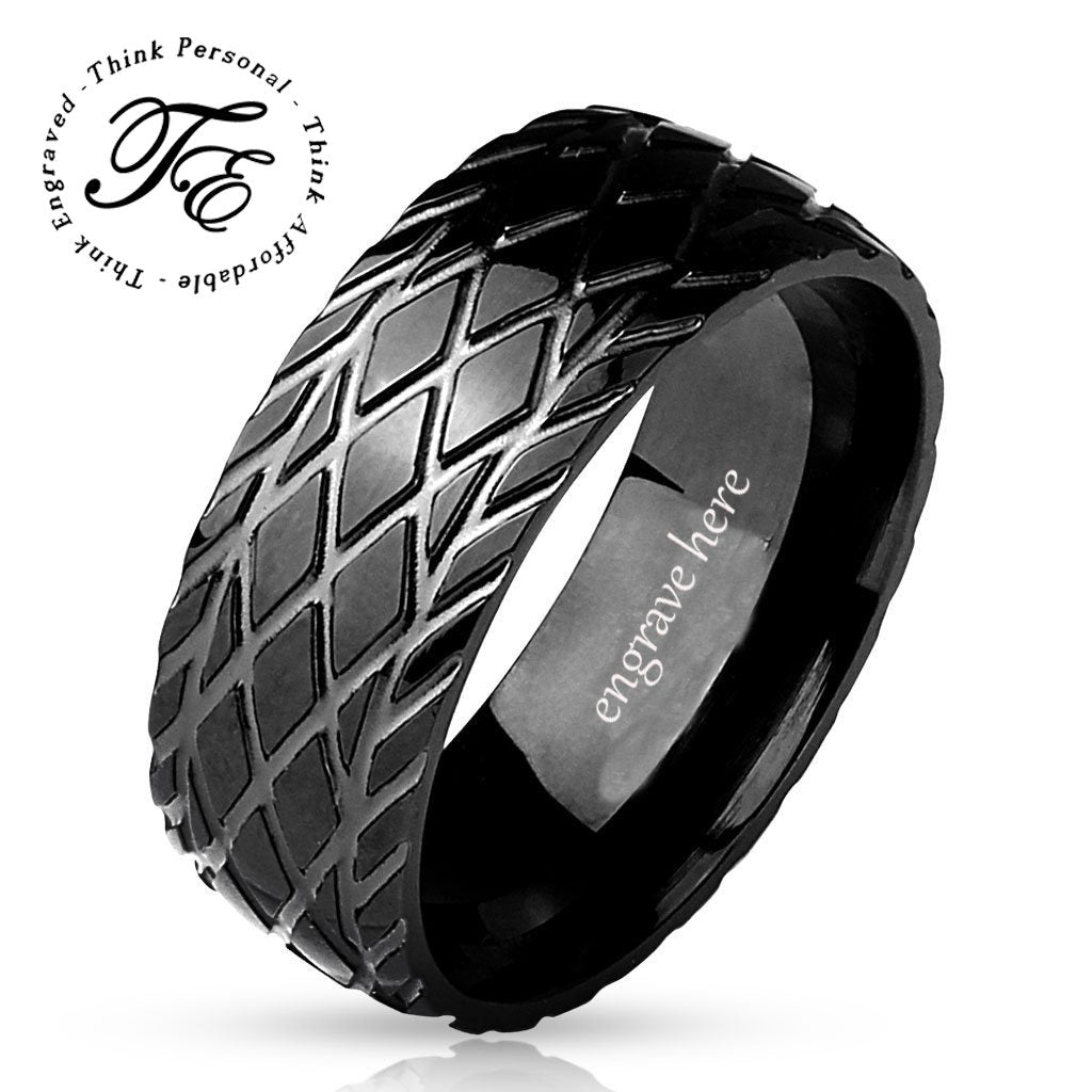 Personalized Men's Promise Ring - Racing Tire Tracks Stainless Steel