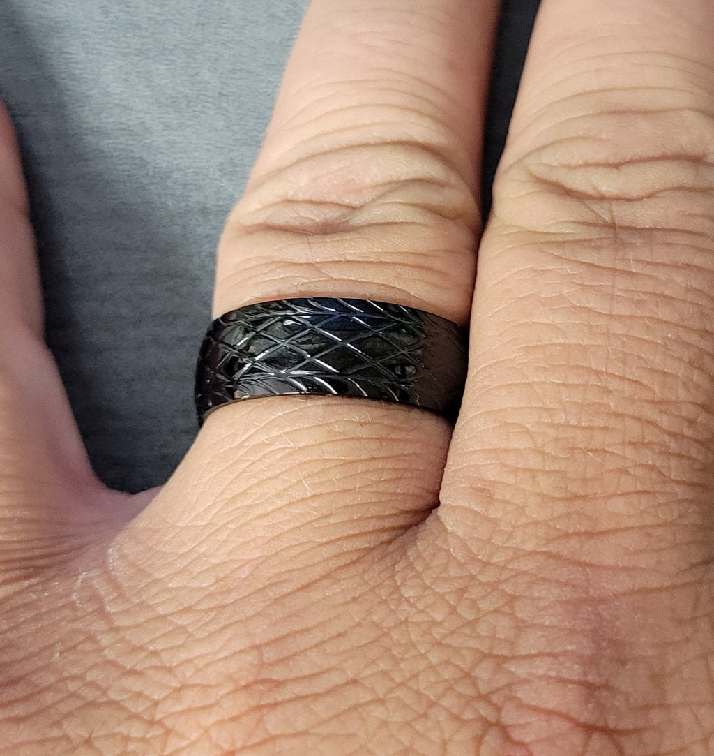 Personalized Men's Promise Ring - Racing Tire Tracks Stainless Steel