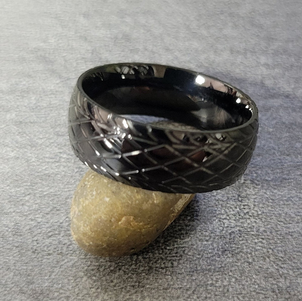 Personalized Men's Promise Ring - Racing Tire Tracks Stainless Steel