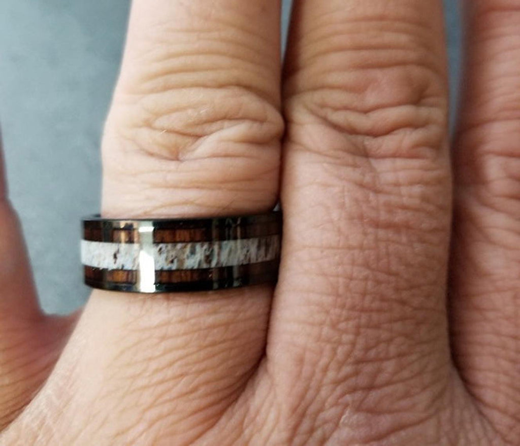 Personalized Men's Promise Ring - Wood and Antler Inlay Real Tungsten