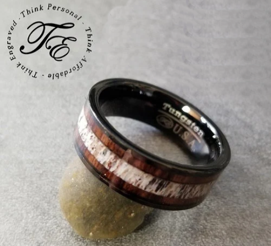 Personalized Men's Promise Ring - Wood and Antler Inlay Real Tungsten