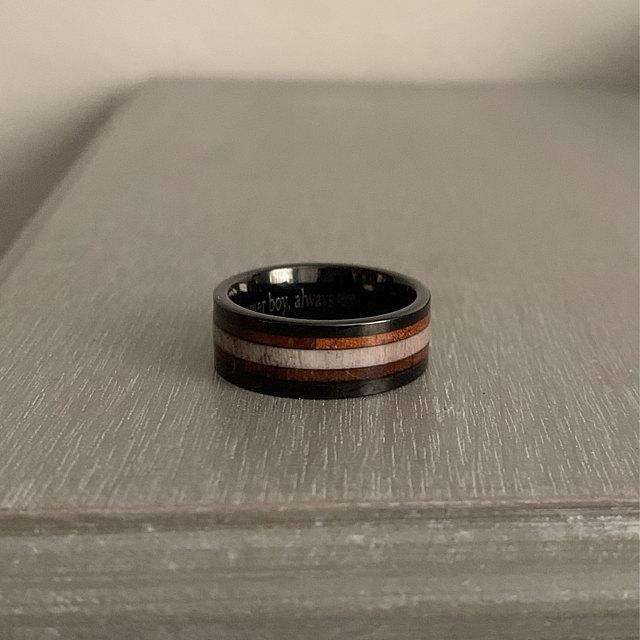 Personalized Men's Promise Ring - Wood and Antler Inlay Real Tungsten