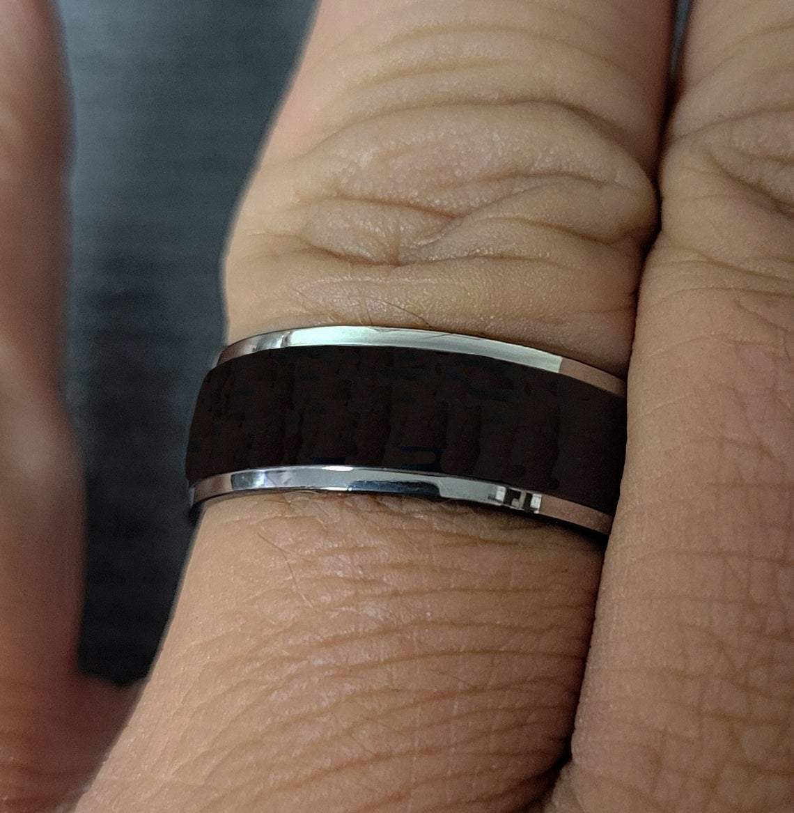 Personalized Men's Titanium Wedding Band - Black With Silver Beveled Edges