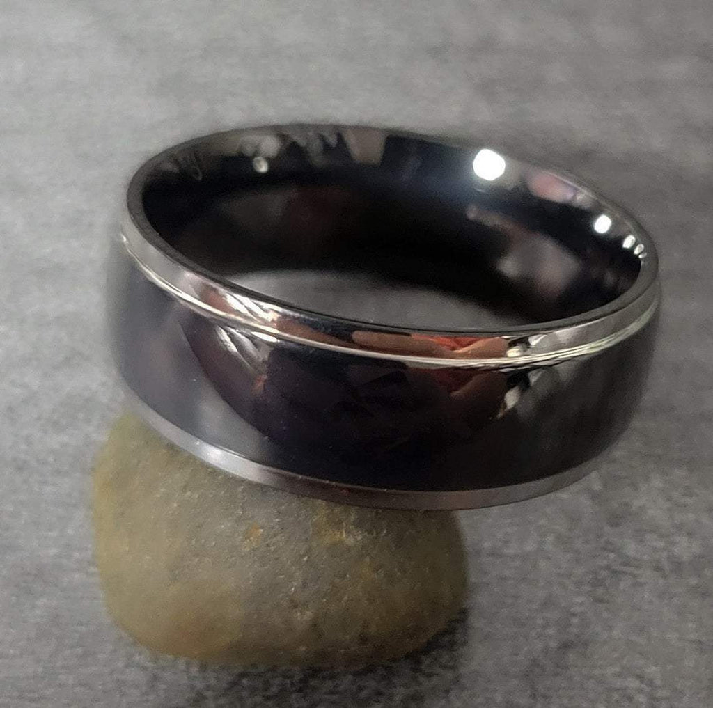 Personalized Men's Titanium Wedding Band - Black With Silver Beveled Edges