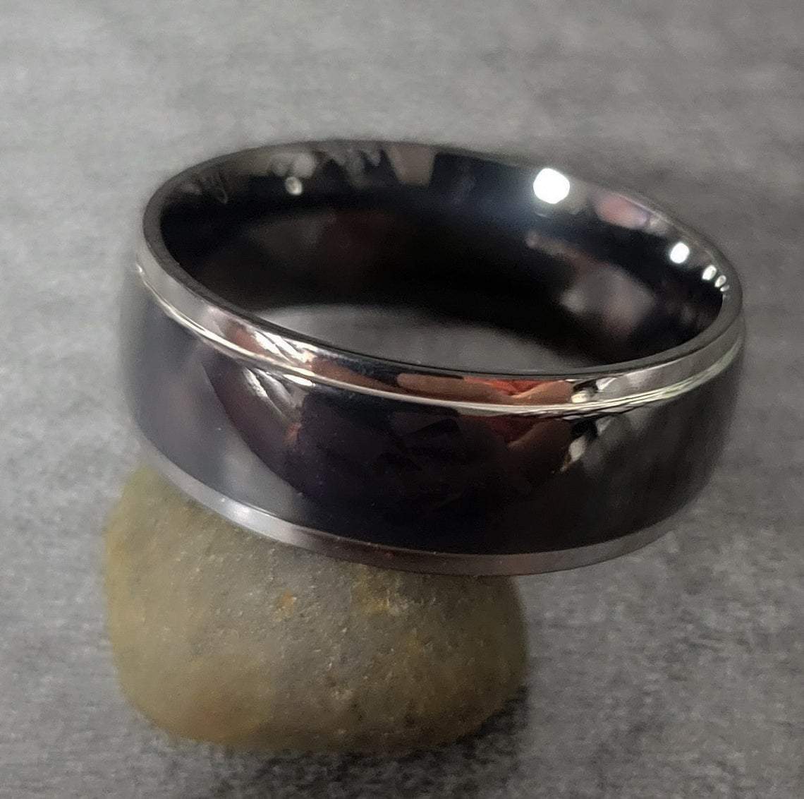 Personalized Men's Titanium Wedding Band - Black With Silver Beveled Edges