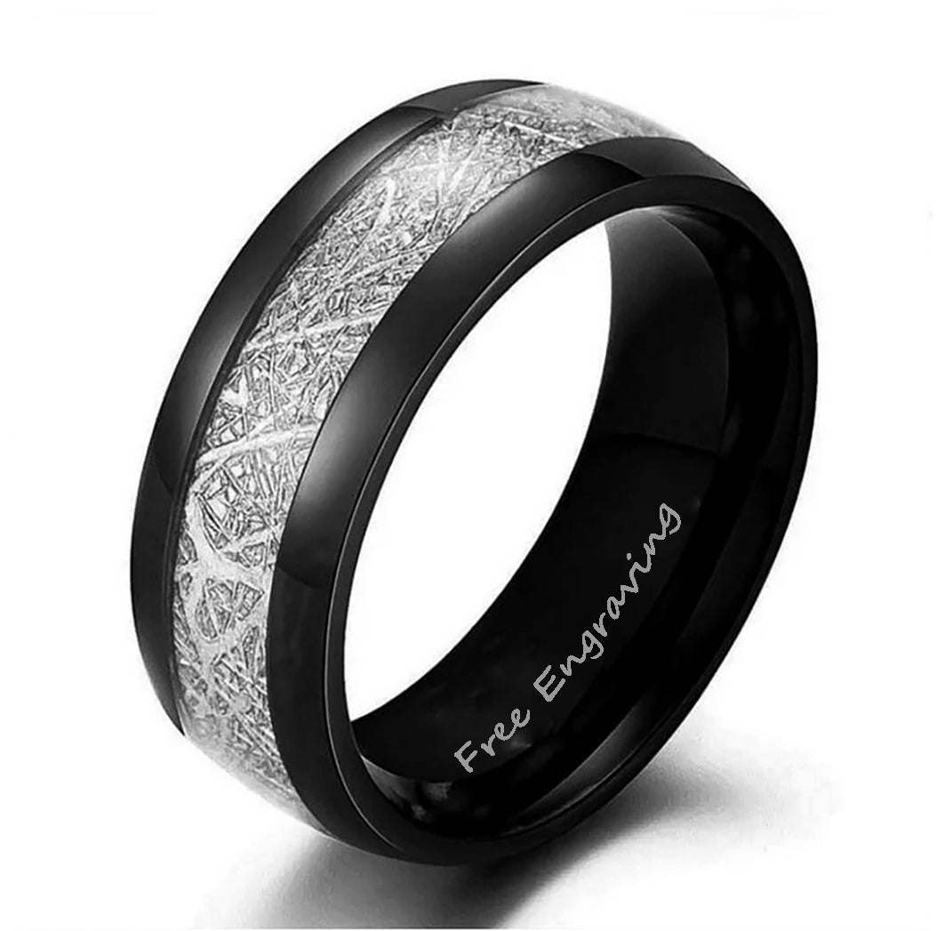 Personalized Men's Tungsten Wedding Ring With IMI Meteorite Inlay - Engraved Ring