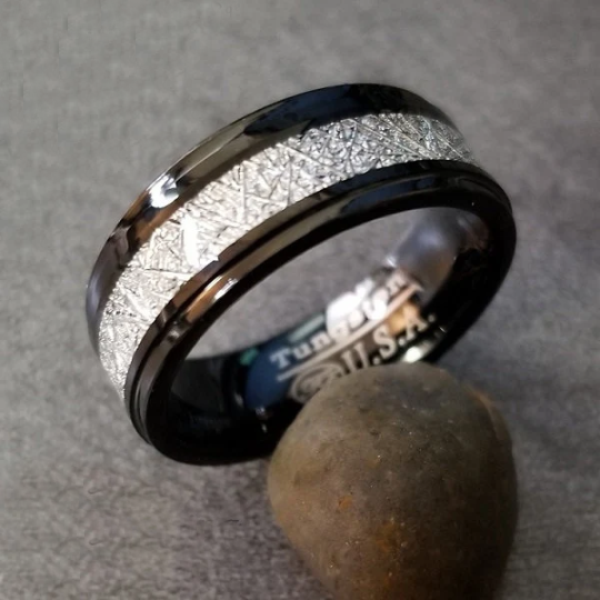 Personalized Men's Tungsten Promise Ring With IMI Meteorite Inlay - Engraved Ring