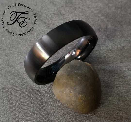Personalized Women's Matte Black Promise Ring - Domed Stainless Steel