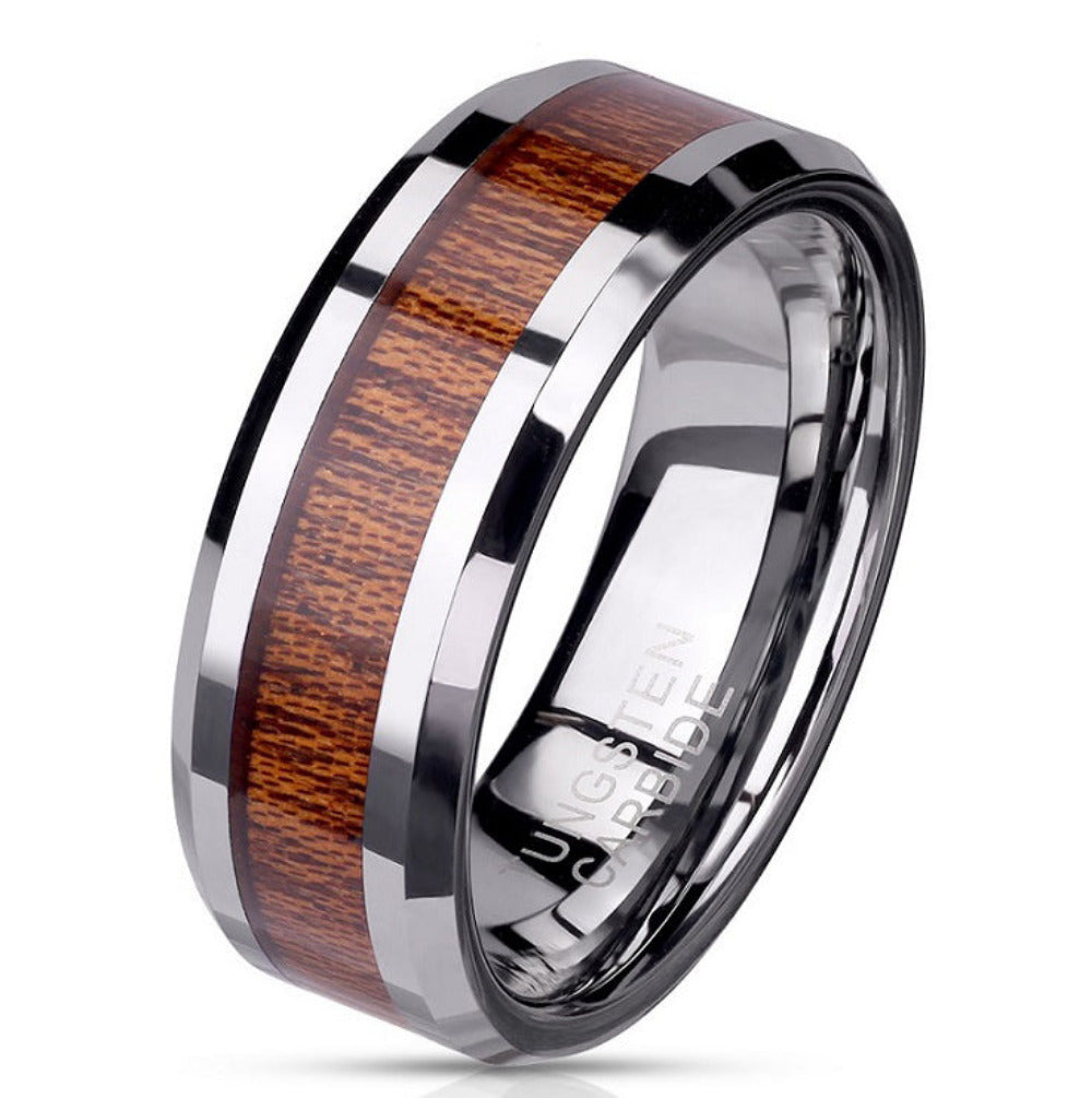 Personalized Men's Tungsten Wedding Band - Silver With Wood Inlay