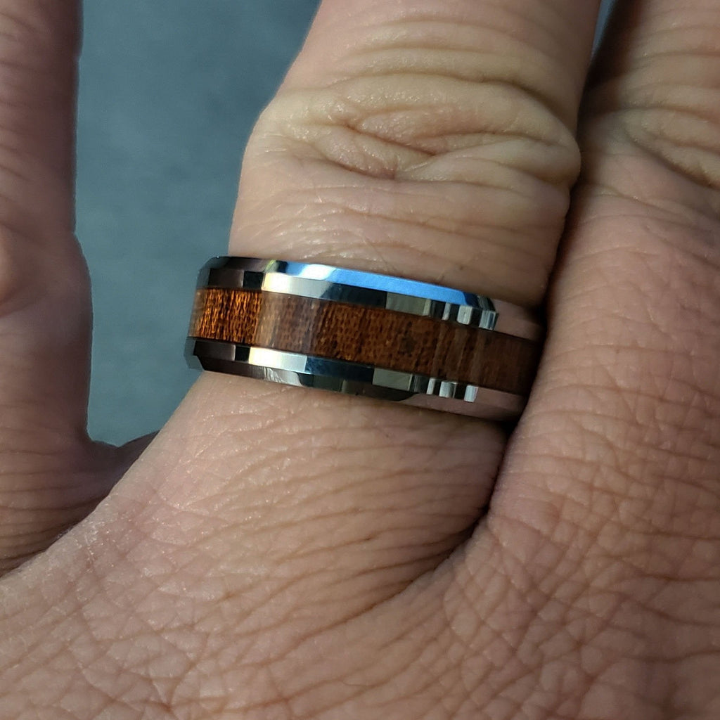 Personalized Men's Tungsten Promise Ring - Silver With Wood Inlay