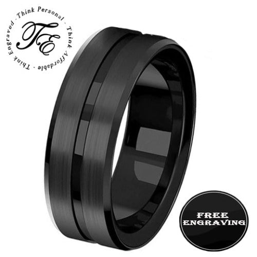 Personalized Men's Wedding Band - Matte Black Grooved Stainless Steel