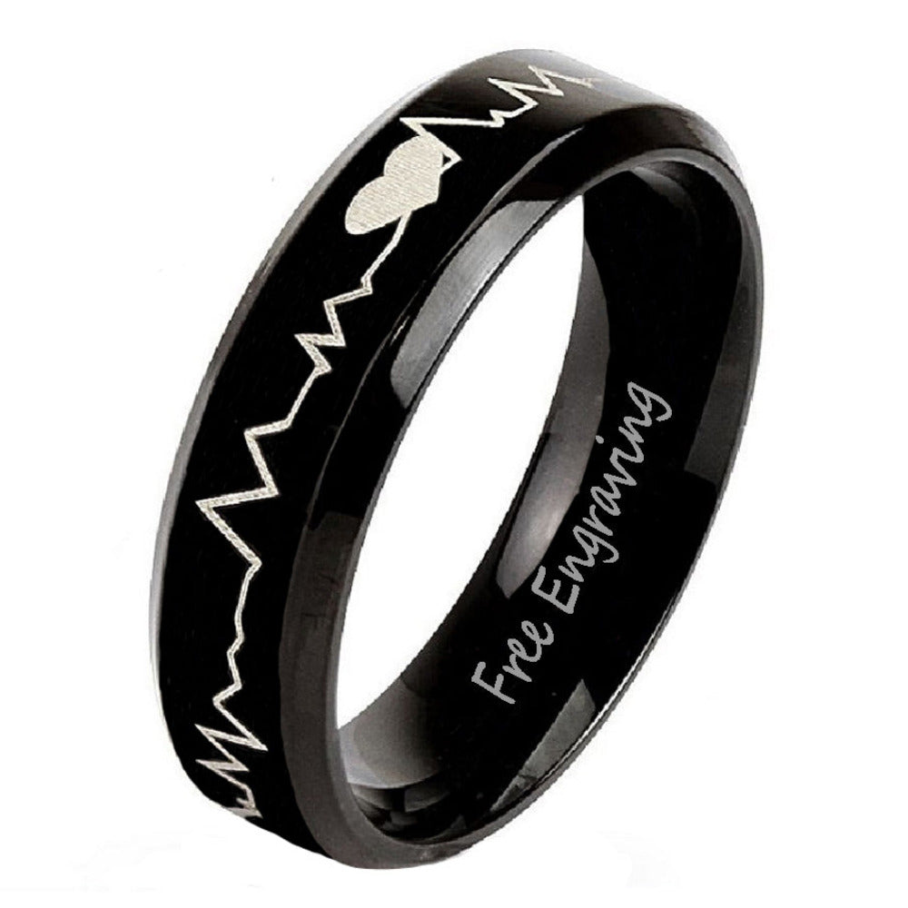 Women's Wedding or Promise Ring - Beveled, Black Heartbeat, Stainless Steel