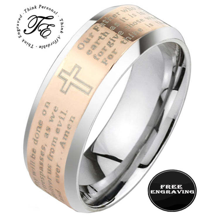 Engraved Men's Christian Cross Wedding Ring - Lord's Prayer Ring Engraved