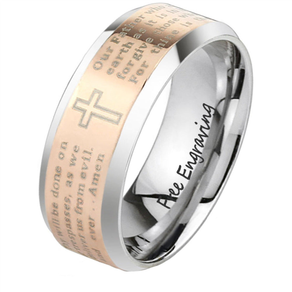 Engraved Men's Christian Cross Wedding Ring - Lord's Prayer Ring Engraved