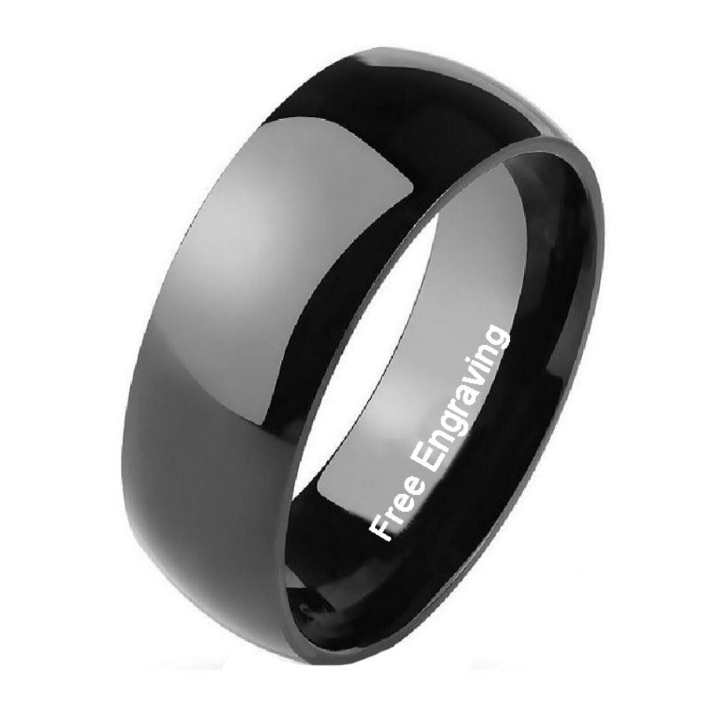 Personalized Women's Black Wedding or Promise Ring - Dome Band Stainless Steel
