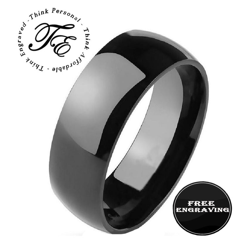 Personalized Women's Black Wedding or Promise Ring - Dome Band Stainless Steel