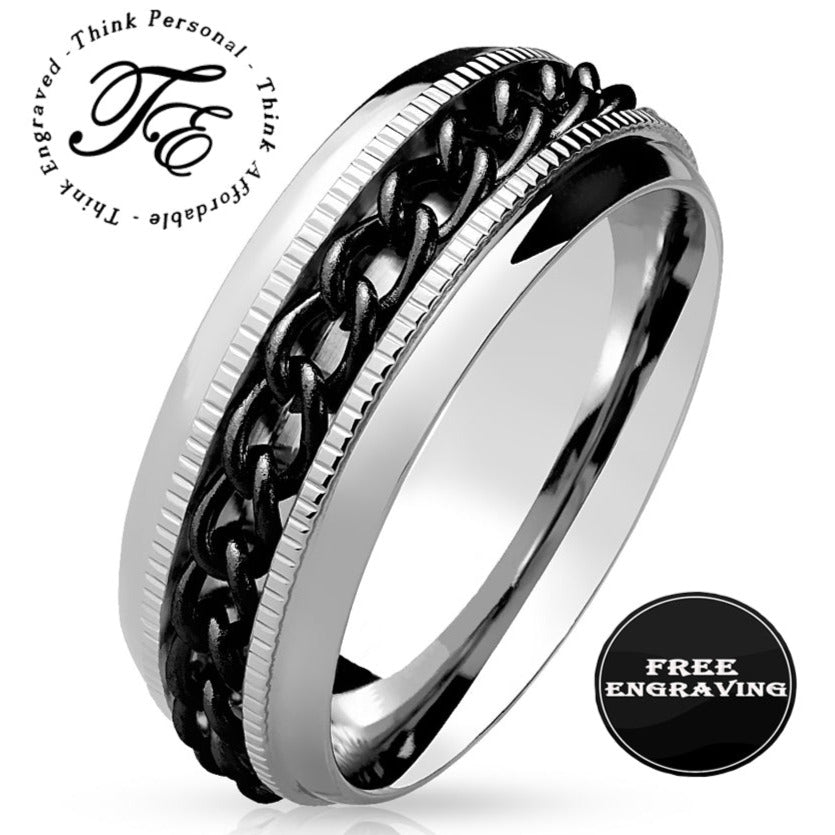 Personalized Engraved Men's Black Chain Spinner Wedding Ring - Silver Fidget Spinner