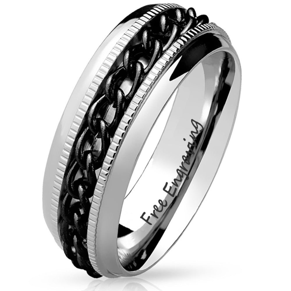 Personalized Engraved Men's Black Chain Spinner Wedding Ring - Silver Fidget Spinner