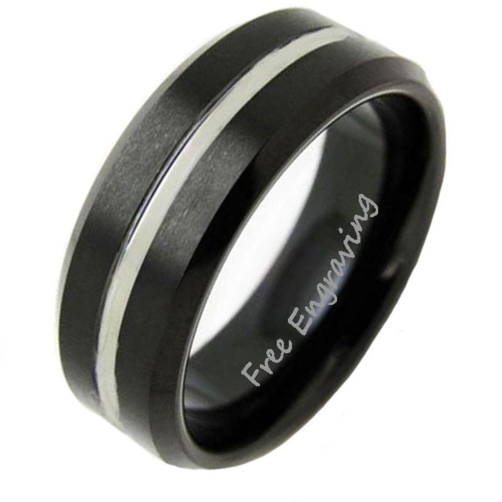 Personalized Men's Black Silver Line Tungsten Wedding Band - Handwriting Ring