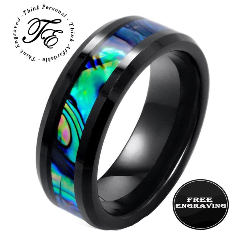 Personalized Men's Tungsten Abalone Wedding Ring - Engraved Handwriting Ring