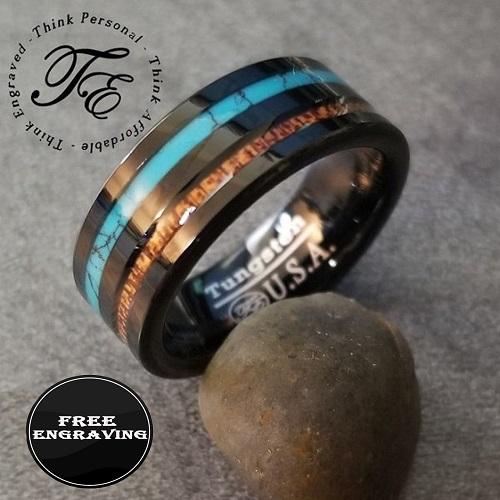 Personalized Men's Tungsten Wedding Band With Turquoise and Wood Inlays